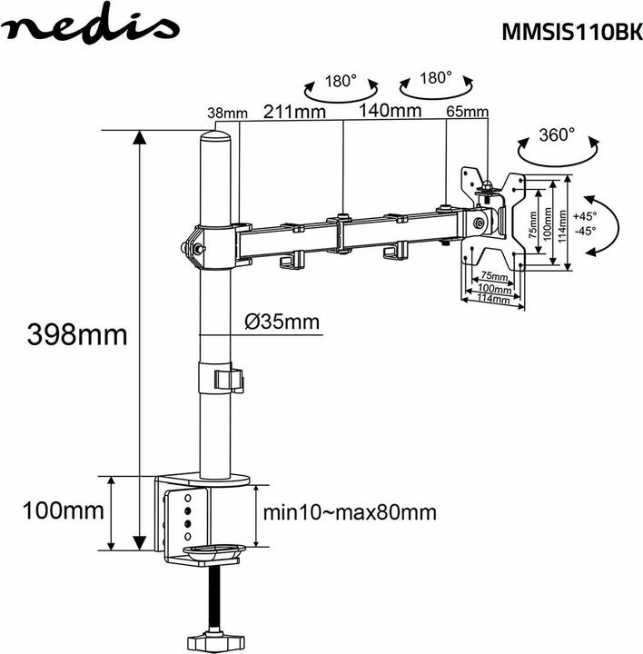 Produktbild Nedis Schreibtisch Monitorhalterung | 1 Bildschirm(e) | 15 - 32 " | 75x75 / 100x100 | Vollbeweglich (Tisch, 32")