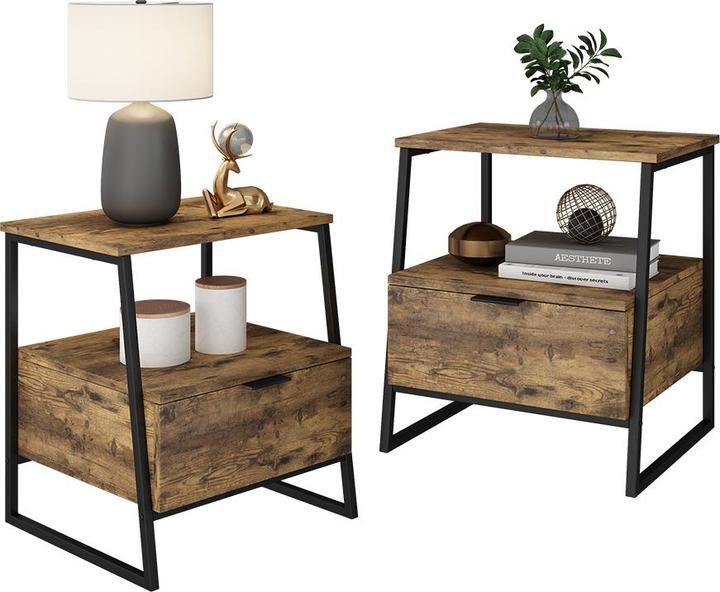 Produktbild Vichy Nachttisch Lunor, Eiche rustikal/Schwarz, 2er Set