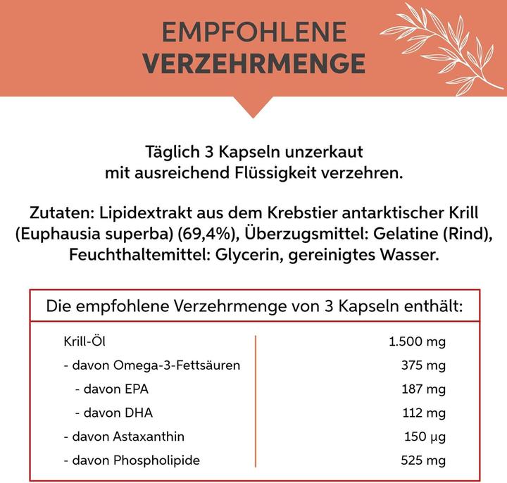 Nährwerte und Zutaten Eltabia Krillöl Kapseln | Premium Krill Öl Reich an Astaxanthin, Omega 3,6 und 9 Fettsäuren (100 Stück, Kapseln)