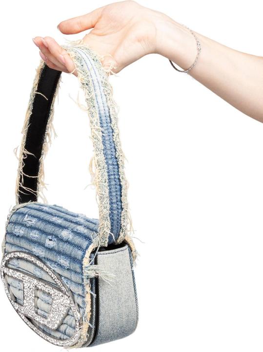 Actual product image Diesel 1dr denim canvas shoulder bag with crystal appliques
