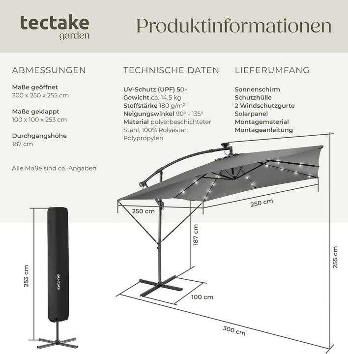 Immagine prodotto tectake Ombrellone Sunna LED-Solar con manovella 2,5 x 2,5 m (2.50 m)