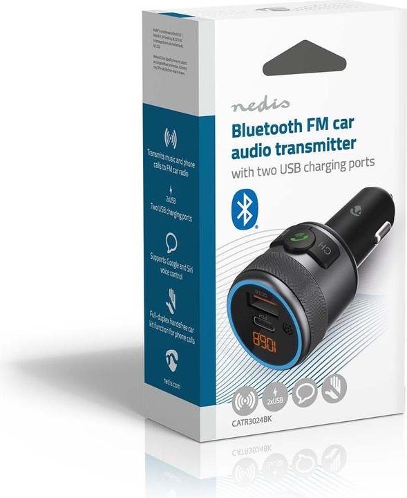 Actual product image Nedis Car Audio FM Transmitter - Fixed - Hands-free - 1" - Amber Screen - Bluetooth - PD 18 W/PD 2