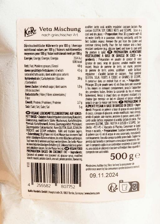 Nährwerte und Zutaten KoRo Vegane Lebensmittelzubereitung auf Kokosfett Basis (500 g)