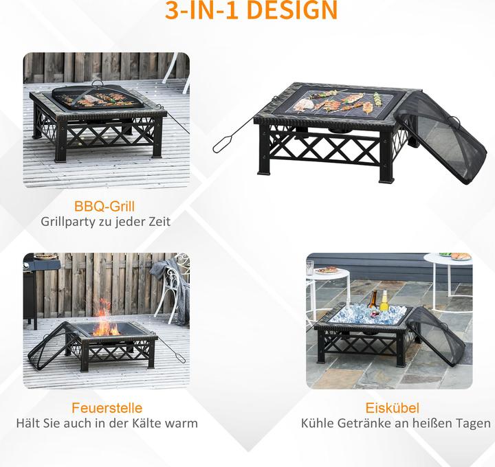 Produktbild Outsunny Feuerschale mit Funkenschutz und Grillrost (76 cm)