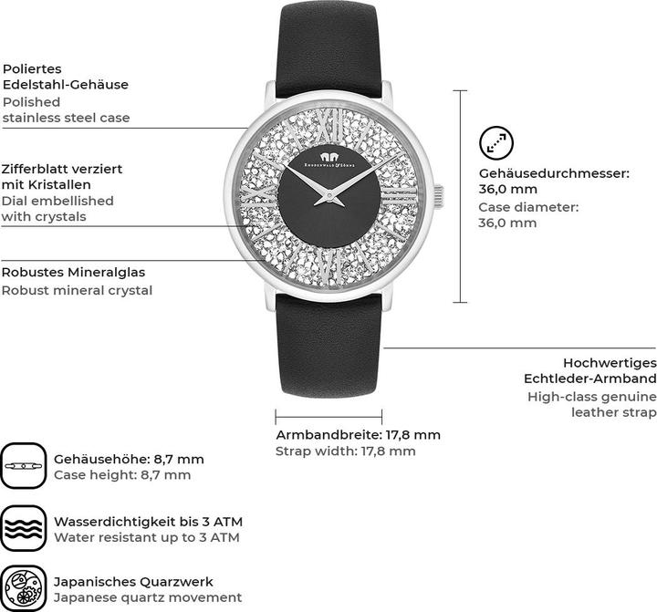 Produktbild Damen Quarzuhr Pamina Echtleder schwarz - 23870 (Analoguhr, 36 mm)