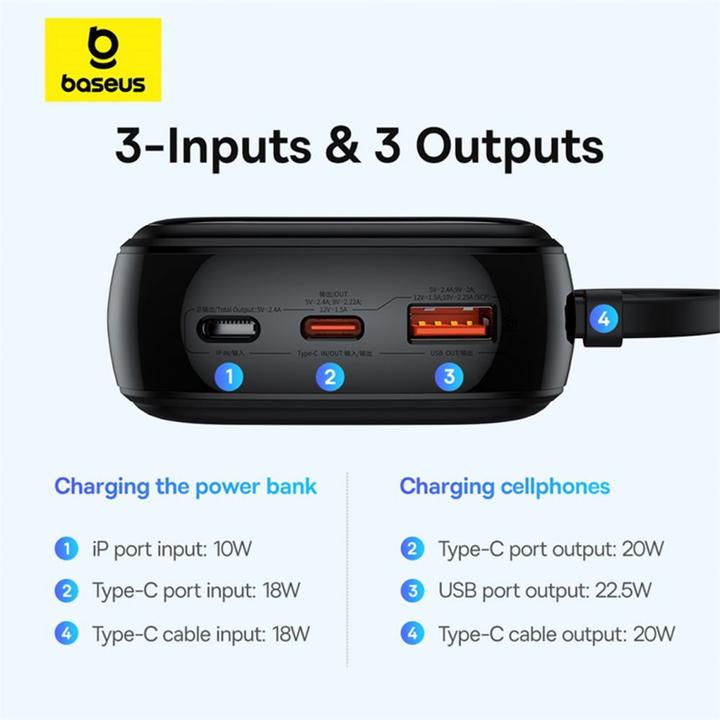 Actual product image Baseus Qpow Pro+ 20000mAh 22.5W powerbank with built-in USB-C cable and display - black (20000 mAh, 22.50 W, 74 Wh)