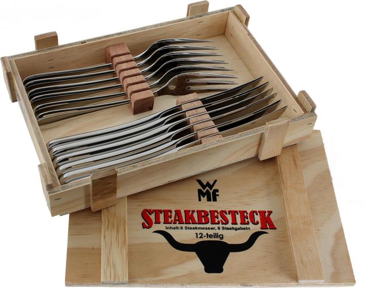 Productafbeelding WMF Steak Bestek Set Steakmessen 6 Personen 12st Speciaal Lemmet Staal Eikenhout Houten Doos (12 Stuk, Bestekset)