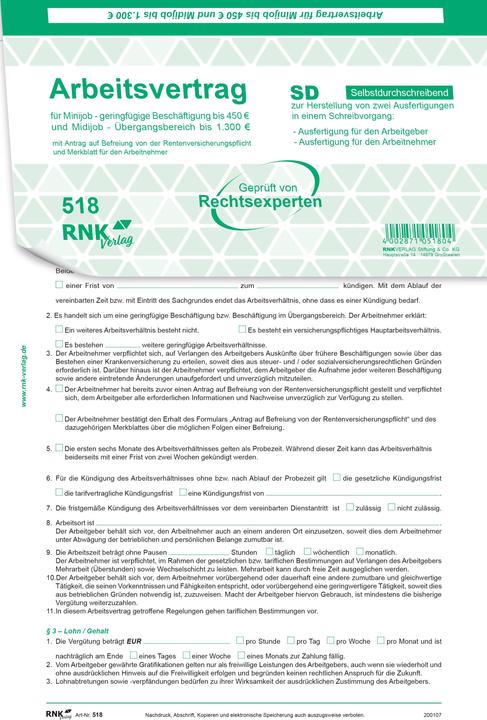Actual product image Rnk Employment contract for marginal and part-time employees, self-copying (4 x)
