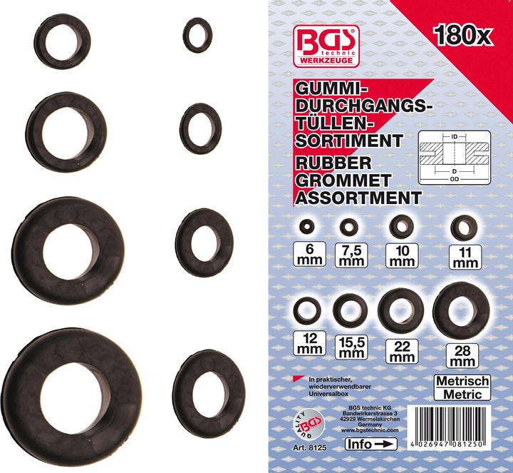 Produktbild BGS Gummi-Durchgangstüllen-Sortiment metrisch 180-tlg.