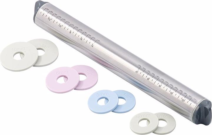 Produktbild Rosenstein & Söhne Höhenverstellbarer Edelstahl-Teigroller, 4 Paar Abstandsscheiben, 35cm