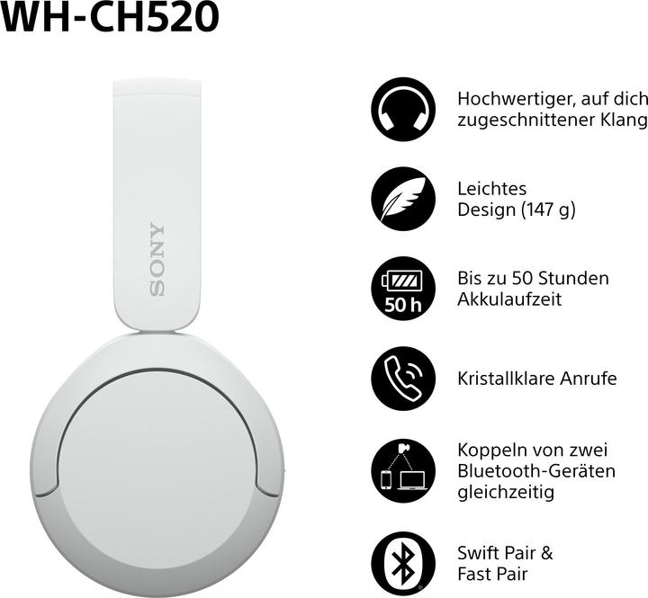 Image du produit Sony WH-CH520 (pas de réduction du bruit, 50 h, Sans fil)