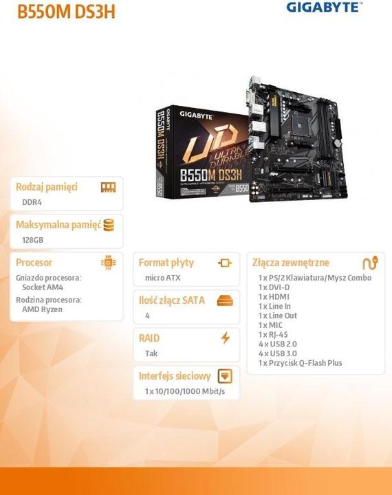 Actual product image Gigabyte B550M DS3H (AM4, AMD B550, mATX)