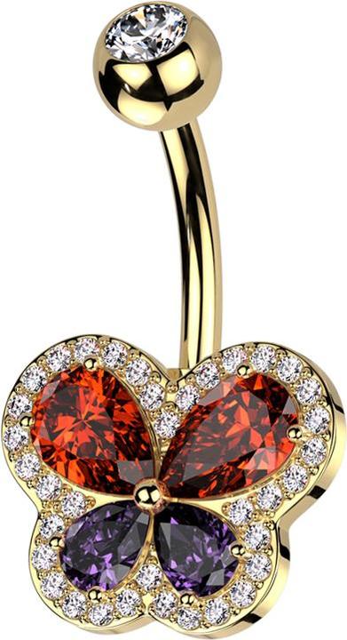 Star Piercing Banane vergoldet mit Kugel vergoldet Kristall silber und Schmetterling (Messing, Chirurgenstahl 316L)
