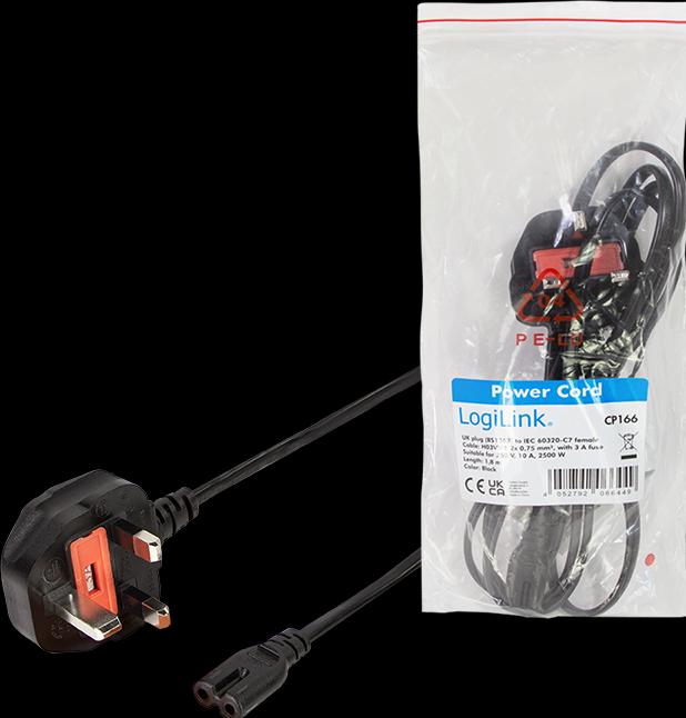 Actual product image LogiLink Mains cable, BS 1363 (UK) to IEC C7, black, 1.8 m (1.80 m)