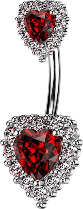 Star Piercing Banane silber mit zwei Herzen Kristall rot (Messing, Chirurgenstahl 316L)