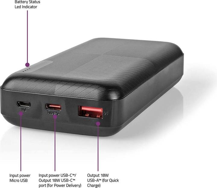 Immagine prodotto Nedis Powerbank | 20000 mAh | 2x 3.0 A | Numero di uscite: 2 | Connessione di uscita: 1x USB-A / 1x U (20000 mAh, 18 W, 74 Wh)