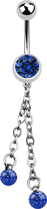 Star Piercing Banane silber mit Kette und zwei Kristallkugeln dunkelblau (Chirurgenstahl 316L, ohne Messing)