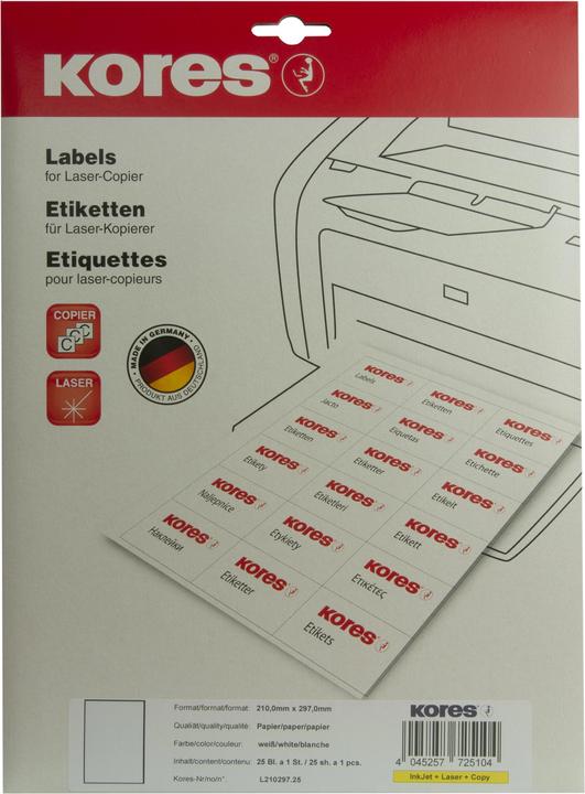 Produktbild Kores Universal-Etiketten, 210 x 297 mm, weiá, 25 Blatt