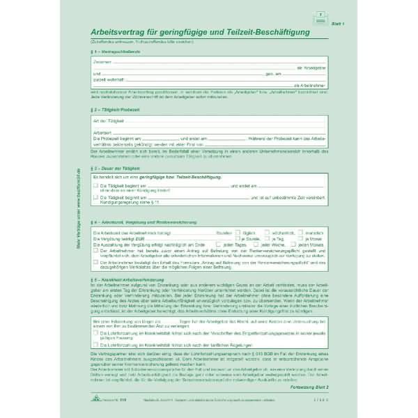 Actual product image Rnk Employment contract for marginal and part-time employees, self-copying (4 x)