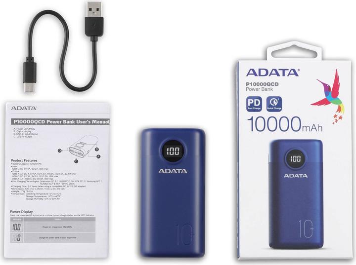 Actual product image Adata P10000QCD (10000 mAh, 22.50 W, 37 Wh)