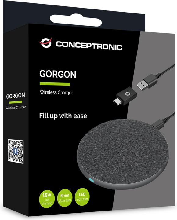 Actual product image Conceptronic Wireless Charger 15W Qi USB-A + USB-C Grey (15 W)