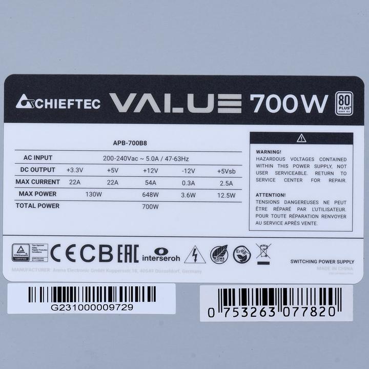 Nährwerte und Zutaten Chieftec Netzteil * (700 W)