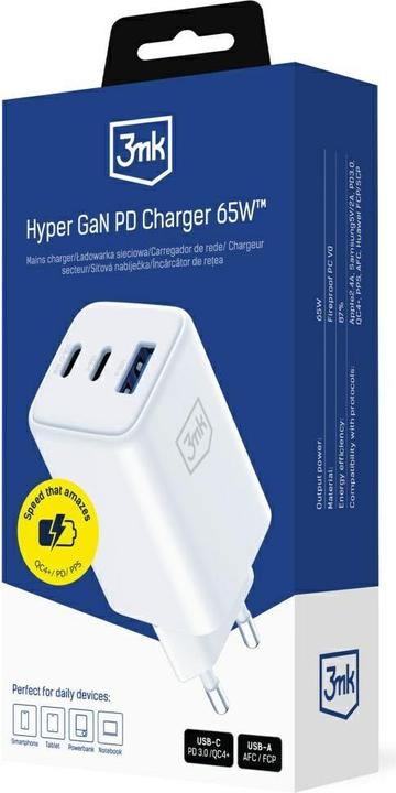 Actual product image 3MK Ładowarka sieciowa Hyper GaN Charger 65W 1xUSB-A 2xUSB-C PD QC4+ biały (65 W)