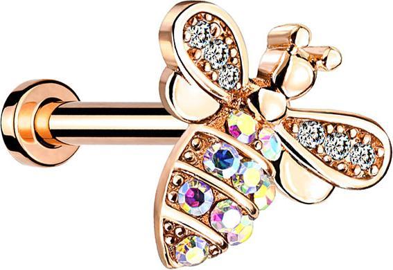 Produktbild Star Piercing Micro Labret Innengewinde rosegold Biene mit Kristallen (Messing, Chirurgenstahl 316L)