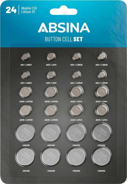 Image du produit Absina SET de piles boutons 24 piles alcalines + lithium (24 pcs, CR2032, LR621., CR2016, CR2025, 158 mAh)