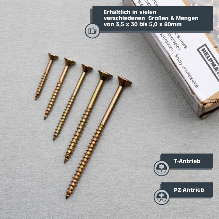 Produktbild Helpmate Universalschrauben Senkkopf 3,5x30, gelb passiviert, T-Antrieb, 800 Stück (800 Schrauben pro Stück)