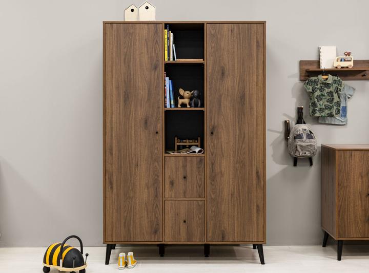 Produktbild Bopita 2-Türiger Schrank mit 3 offenen Fächern/2 Schubladen Zara Walnuss/Mattschwarz (131 cm)