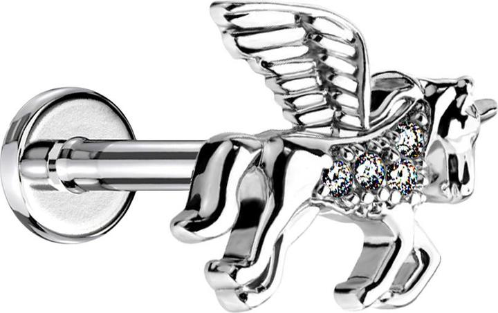 Star Piercing Micro Labret Innengewinde silber Einhorn mit Kristall (Messing, Chirurgenstahl 316L)