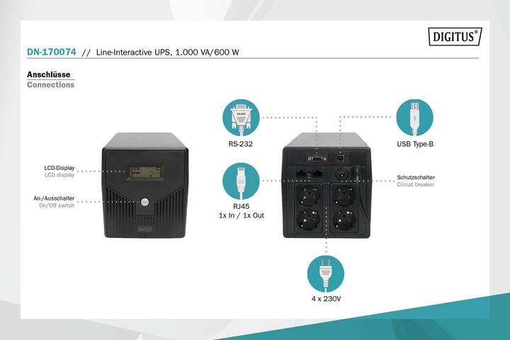 Immagine prodotto Digitus Line Interactive UPS 1000VA/600W nero con LCD 4xSchuko RJ11/RJ45 1xRS232 1xUSB AVR H160xW350xD... (1000 VA, 600 W, Interattivo linea UPS)