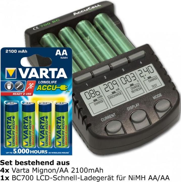 Actual product image AccuCell Quick charger BC-700 ALPHA700 incl. batteries with 2100mAh (1 pcs., AA, 2100 mAh, Battery + charger)