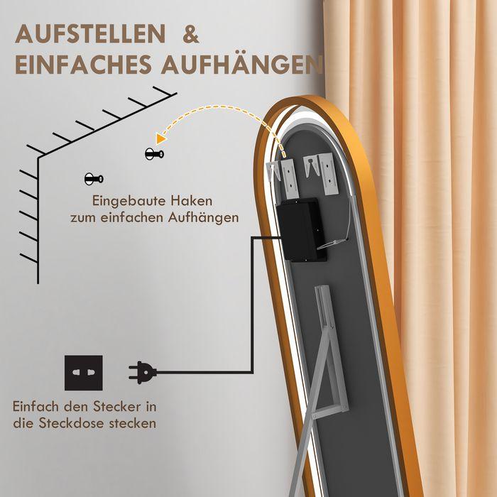 Produktbild Swisshandel24 Ganzkörperspiegel, 47 x 146 cm Wandspiegel mit Ständer, Standspiegel mit LED-Leuchte, Dimmbar Garder (50 x 151.5 cm)