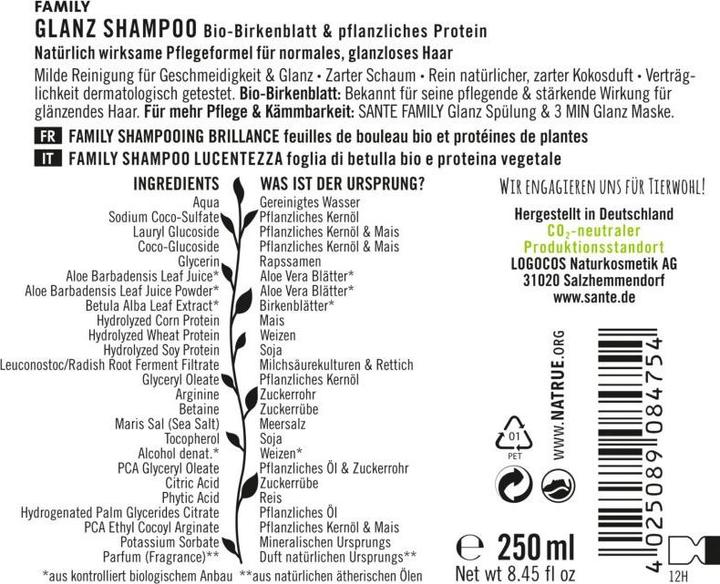 Produktbild Sante Family Glanz Shampoo Bio-Birkenblatt & pflanzliches Protein (250 ml, Flüssiges Shampoo)