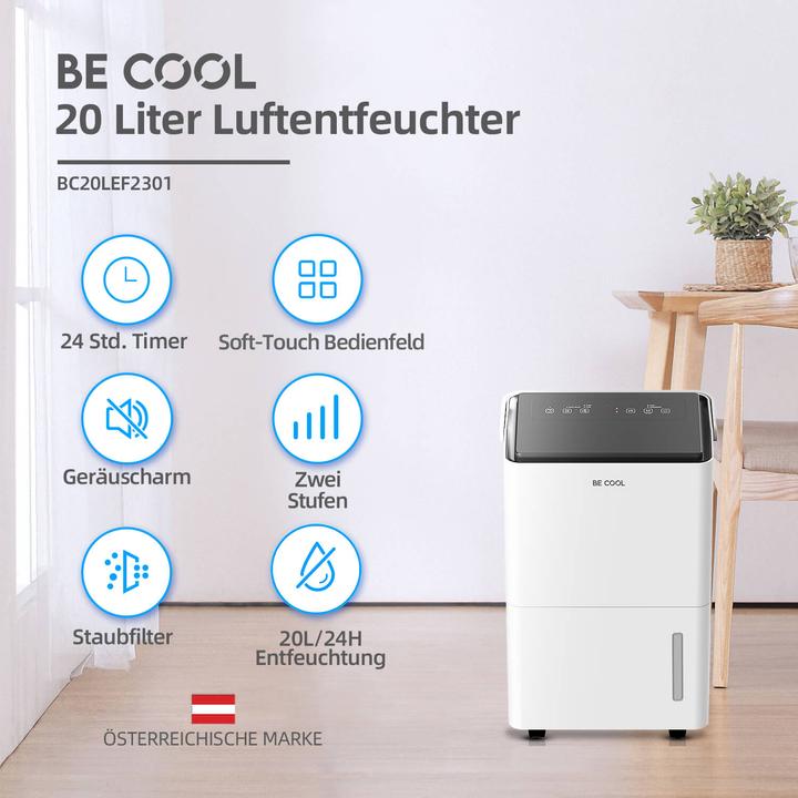 Actual product image Be Cool BC20LEF2301 Luftentfeuchter 20m² 400W 20 l/Tag Weiss, Grau (20 m², 20 l/24h)