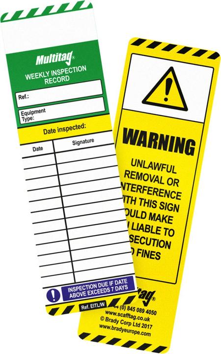Etichetta energetica Brady Scafftag®, MUL-GB-EITL-W-50, etichetta con inserto per ispezione settimanale, polipropilene, nero