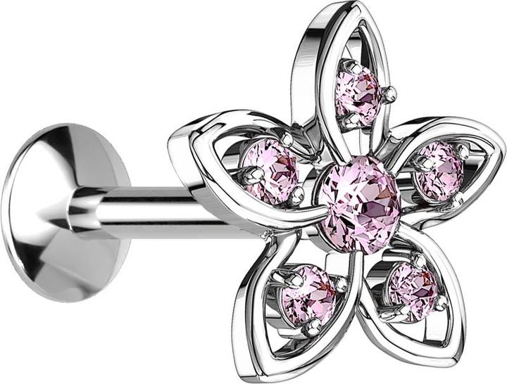 Star Piercing Micro UFO Labret Innengewinde silber mit Blume und Kristall pink (Messing, Chirurgenstahl 316L)