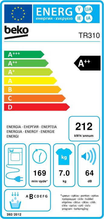 Label énergétique Beko TR310 (7 kg, Droite)