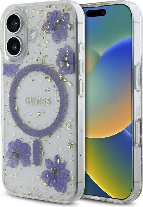 Image du produit Guess Case Resin Flowers Glitter MagSafe for iPhone 16 purple (Apple iPhone 16)
