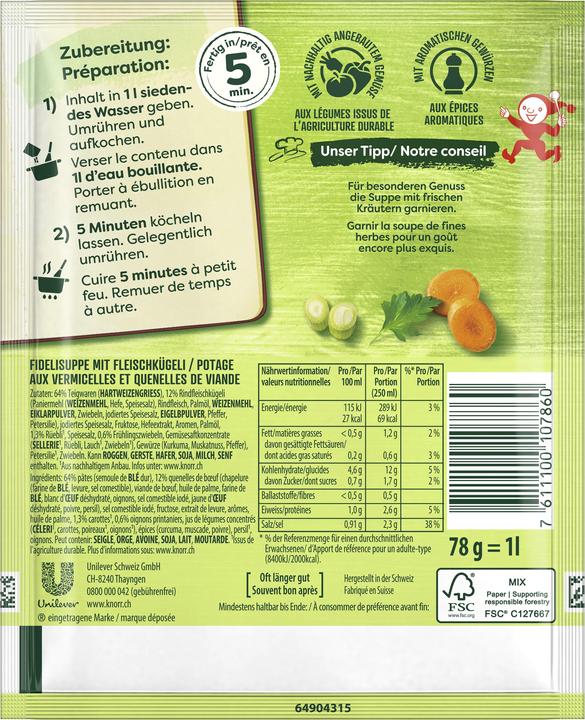 Nutritional values and ingredients Knorr Fidelisuppe with meatballs, bag of soup with juicy meatballs, fideli and fine vegetables