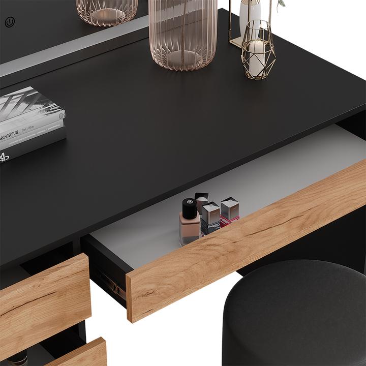 Actual product image Vicco Dressing table Sherry, Anthracite/golden oak, 120 x 75 cm with LED mirror and stool (120 x 75 x 55 cm)