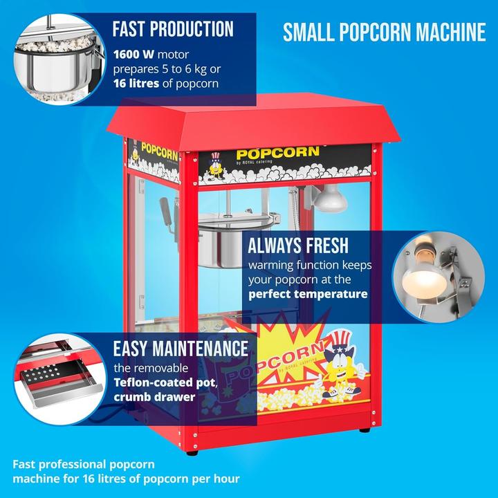 Produktbild Royal Catering Kleine Popcornmaschine - 1600W Leistung, Edelstahl, gehärtetes Glas und Teflonmaterial