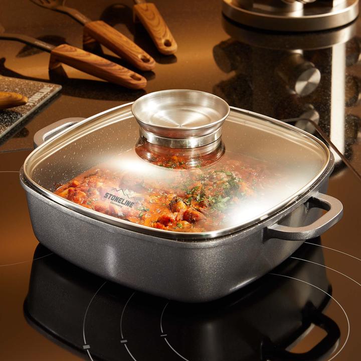 Produktbild Stoneline Eckpfanne 24x24 cm mit Aroma Glasdeckel, Pfanne rechteckig, Backofen, Induktion geeignet (Pfannenset + Topfset, Aluminium)