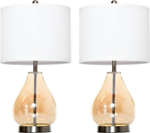 Swisshandel24 2-Set Tischlampen Tischleuchten E27-Fassung Nachttischlampe 40 W Glas Leinen Stahl Bernstein Ø30 x 5 (E27)