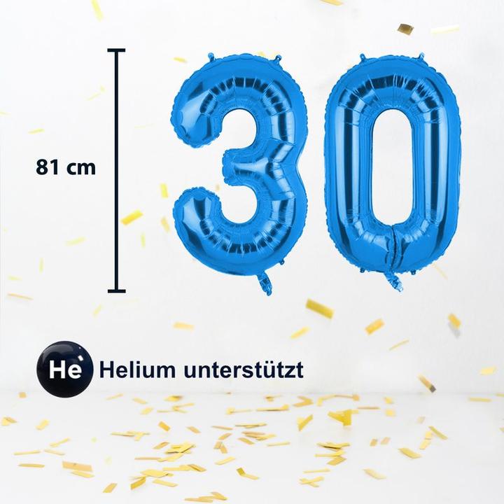 Produktbild Hermex Folienballon Zahl 30 Zahlenballon Luftballon Heliumballon Blau 81cm (1 x)