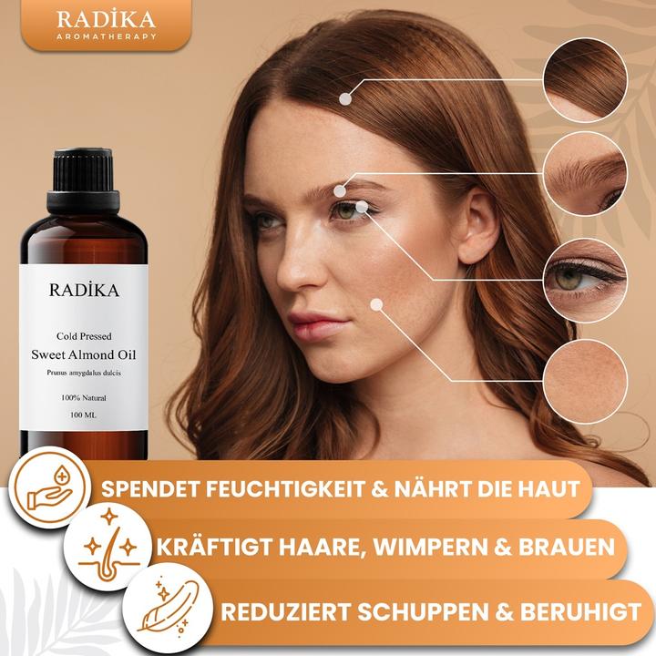 Image du produit Radika Huile d'amande douce, pressée à froid, 100% pure, BIO, naturelle, 100 ml (Huile pour le corps, 100 ml)