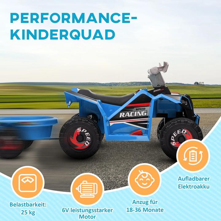 Produktbild Homcom Kinderquad, aufladbar, 2,5 km/h, mit Anhänger, 50 Min. Fahrzeit, für Kinder 1,5 bis 3 Jahre, Blau (6 V)
