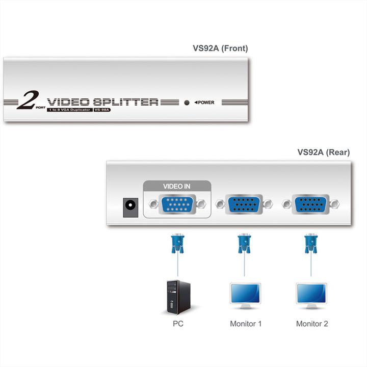 Immagine prodotto Aten VS92A, Splitter VGA a 2 porte con amplificatore di segnale fino a 30 m